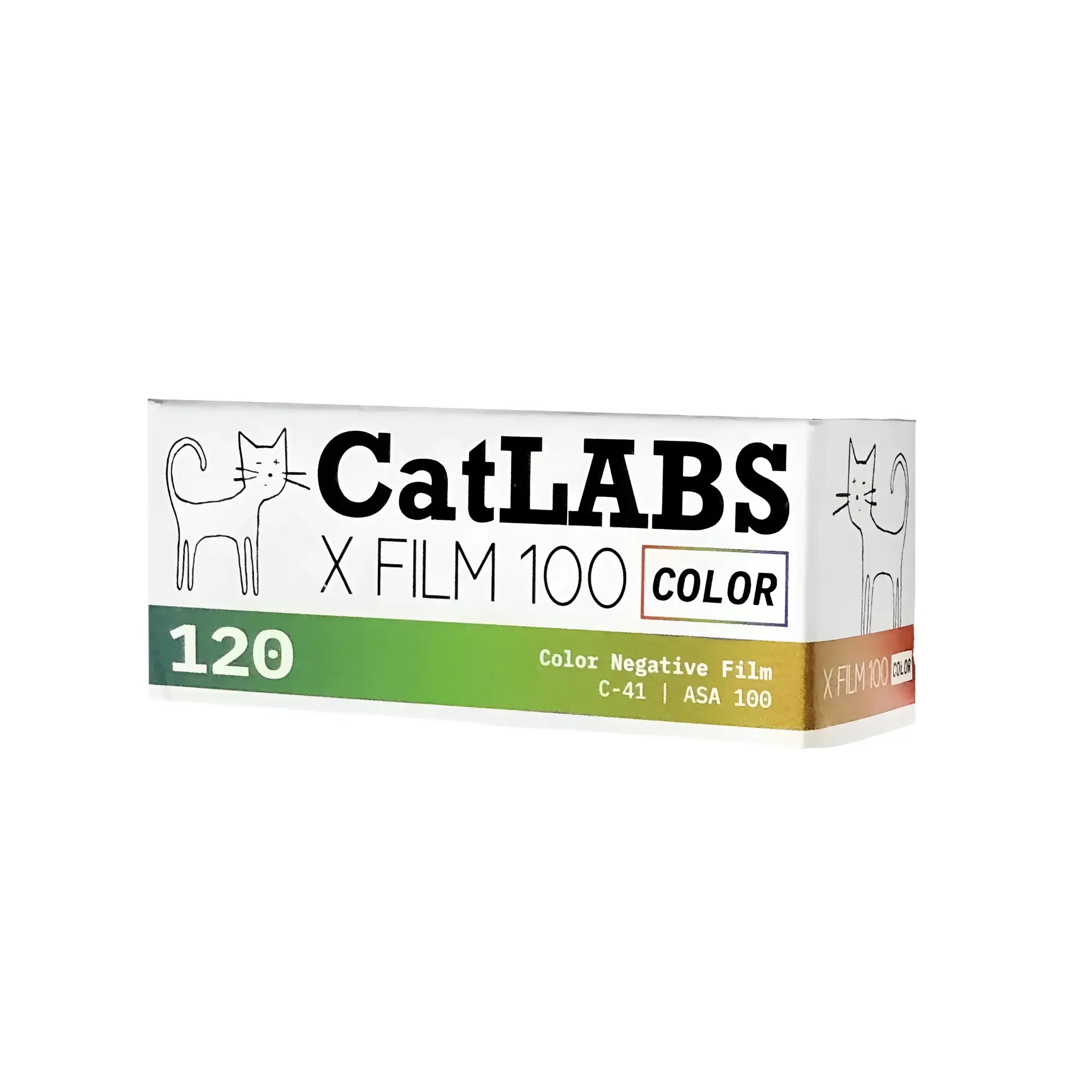 Catlabs x film 100 color, a white cardboard box with green and gold accents featuring black cat illustrations.