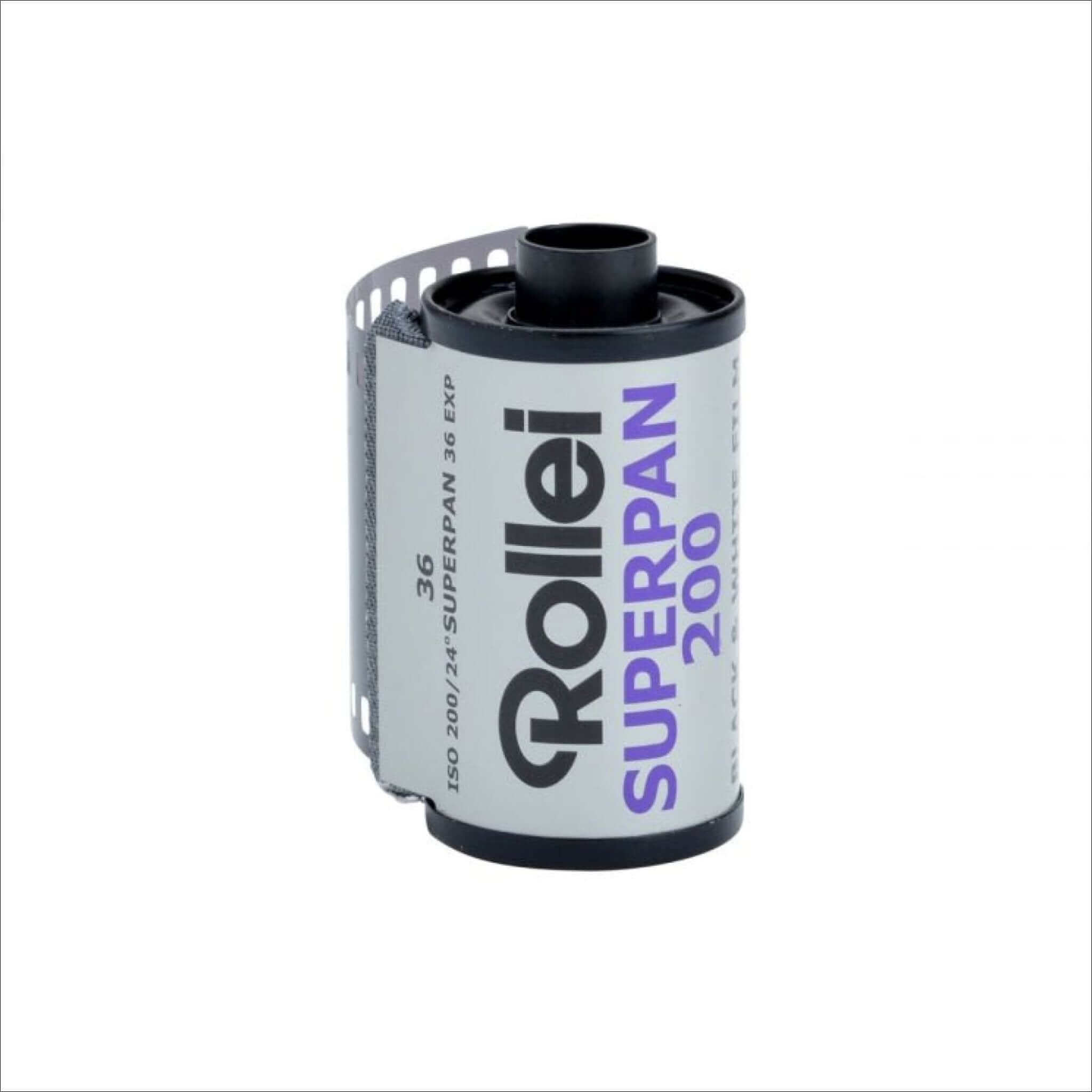 A roll of rollei superpan 200 film, featuring a white label with black and purple text on a cylindrical spool.