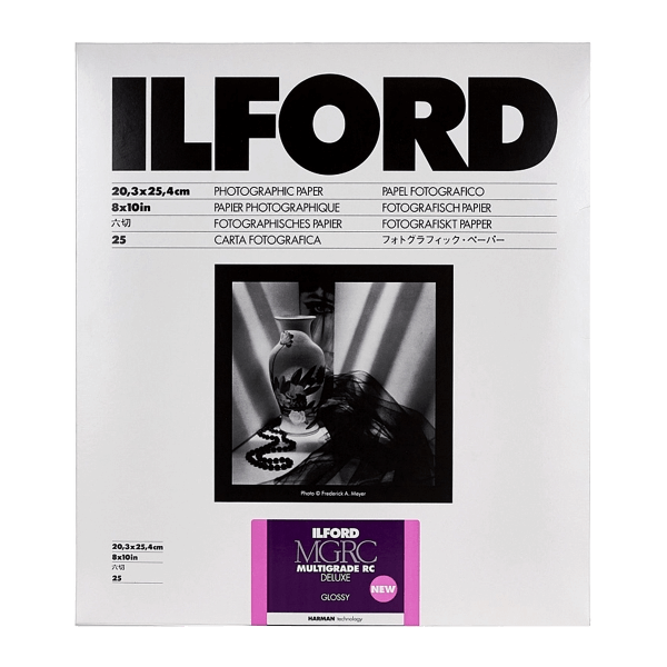Ilford mgrc deluxe glossy photographic paper, 8x10in, in a white packaging with black text and purple branding.
