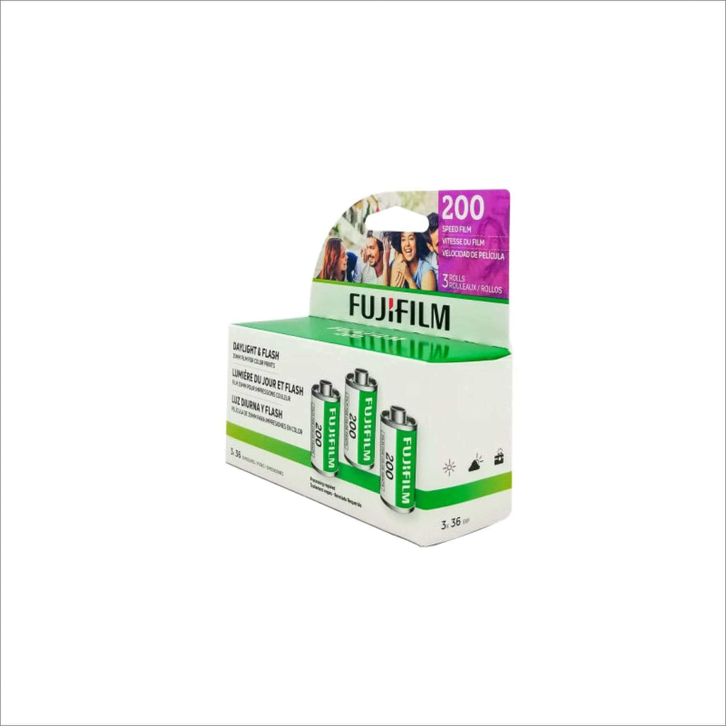 Fujifilm 200-speed film pack in white and green packaging with three rolls visible.