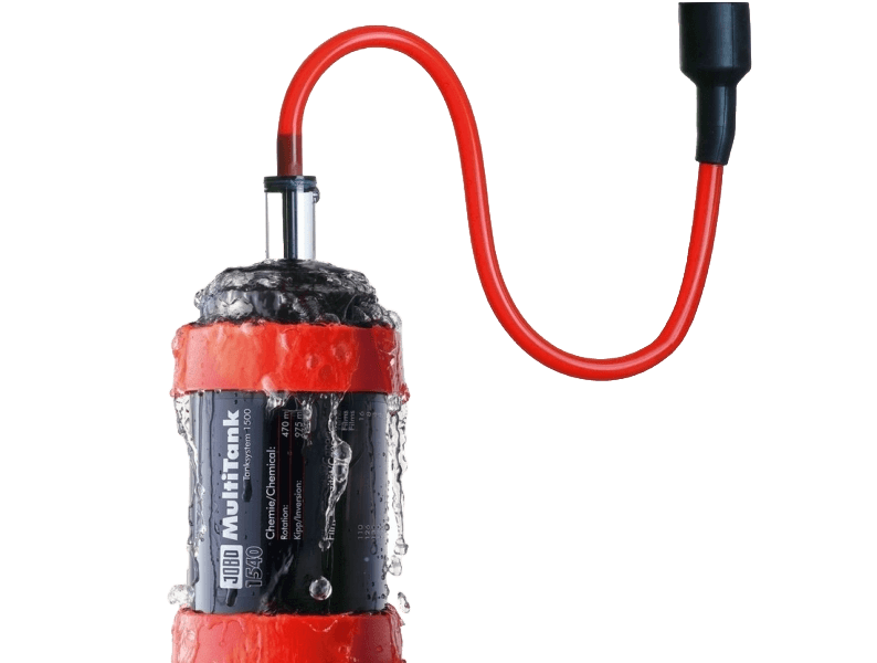 Red and black jibo multitank 3000 chemical pump with a flexible red hose.
