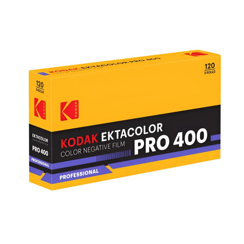 Kodak ektacolor pro 400 iso color c41 120 medium format film 5-pack in a yellow box with black and purple accents