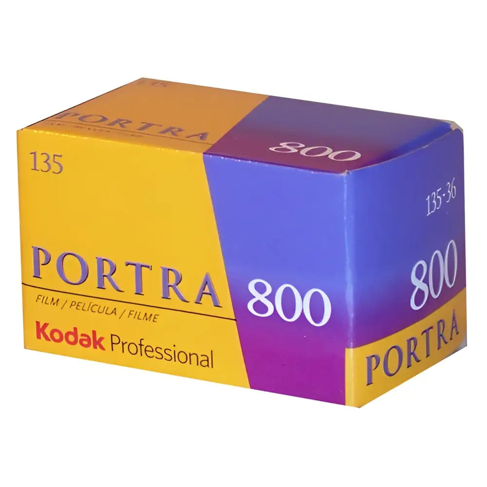 Kodak Eastman Ektacolor Pro 800 ISO color C41 film box with vibrant yellow purple design for natural skin tones and best-in-class underexposure latitude
