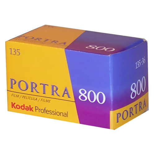 Kodak Eastman Ektacolor Pro 800 ISO color C41 film box with vibrant yellow purple design for natural skin tones and best-in-class underexposure latitude