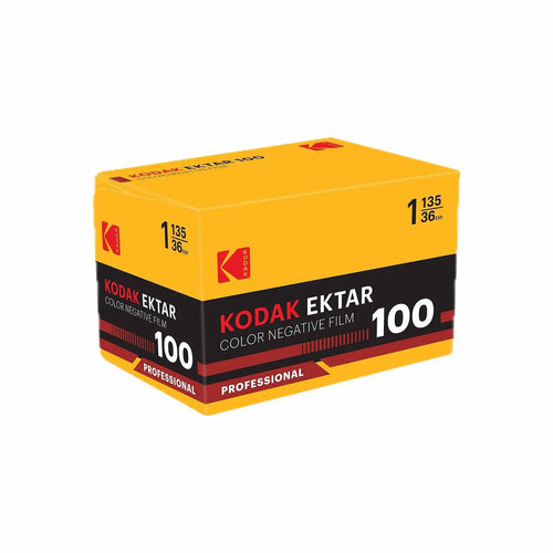 Yellow and black eastman kodak ektar 100 iso color negative film box with red accents for 35mm 36 exp use
