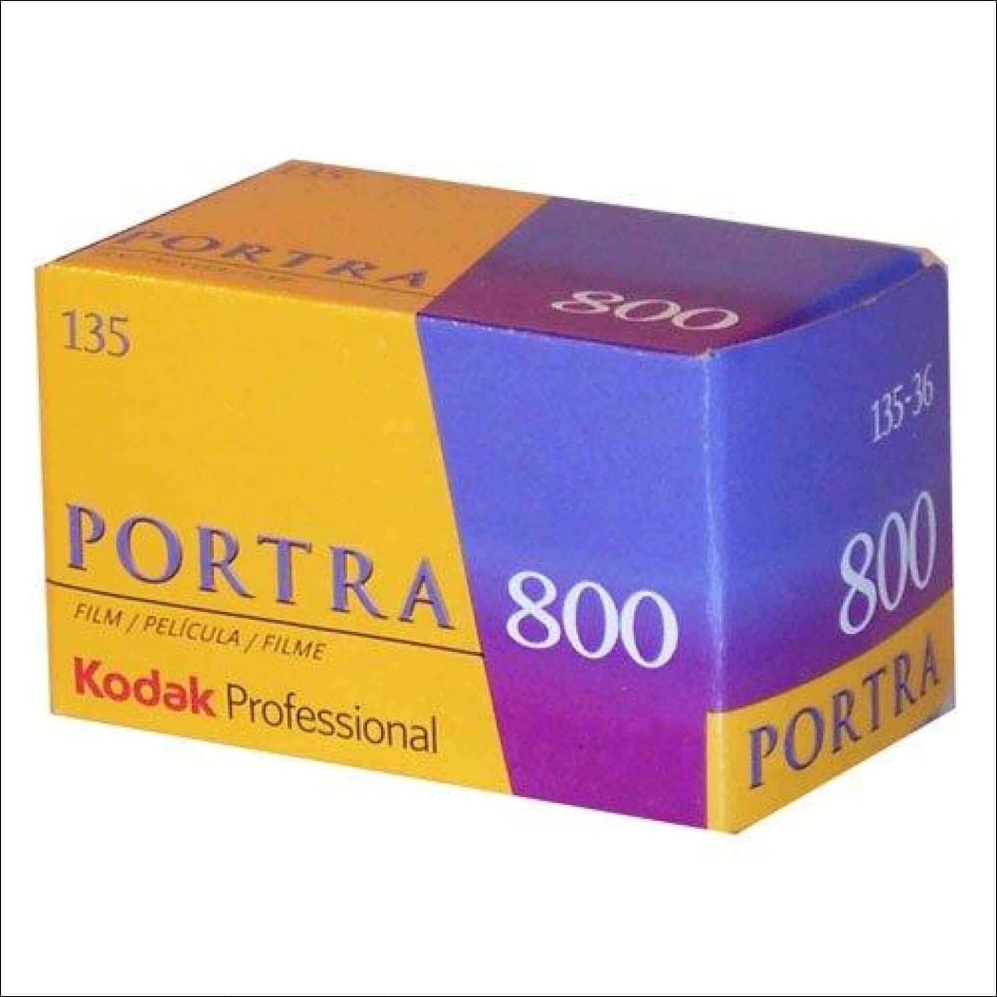 Kodak professional portra 800 film box with a vibrant yellow and purple design.