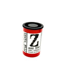 Red cylindrical film canister with black cap and white label featuring bold ’z’ branding, marked as 400 iso for black & white photography.
