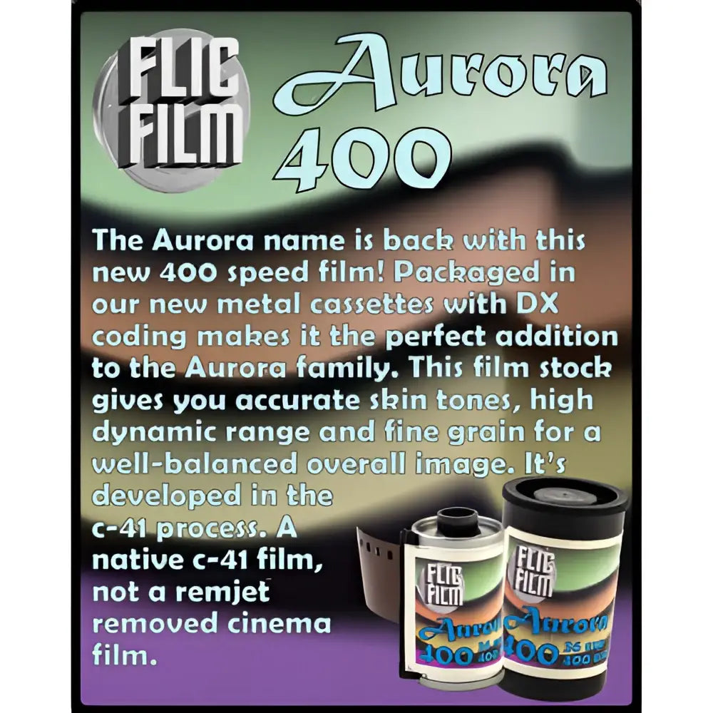 Fujifilm aurora 400 film in metal cassette packaging with dx coding and a c-41 process.