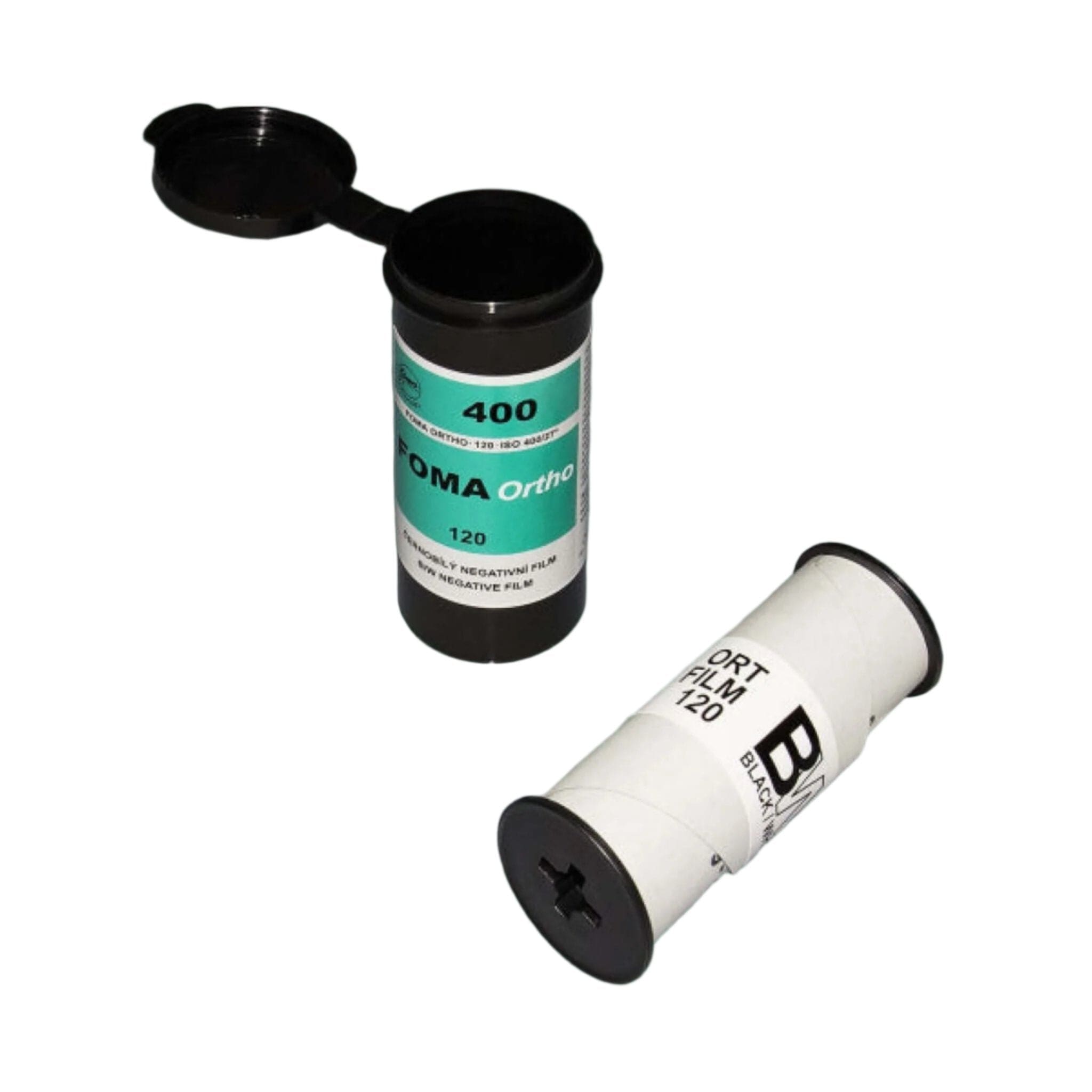 Black plastic film canister with teal and white label reading ’foma ortho 400’’ next to a white roll of black-and-white photographic film.