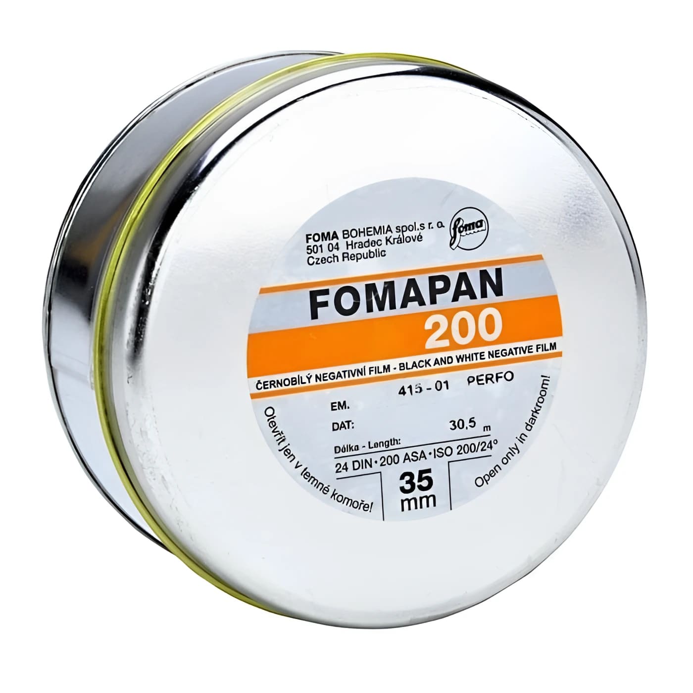 Fomapan 200 black and white negative film in a silver cylindrical canister with an orange and gray label.