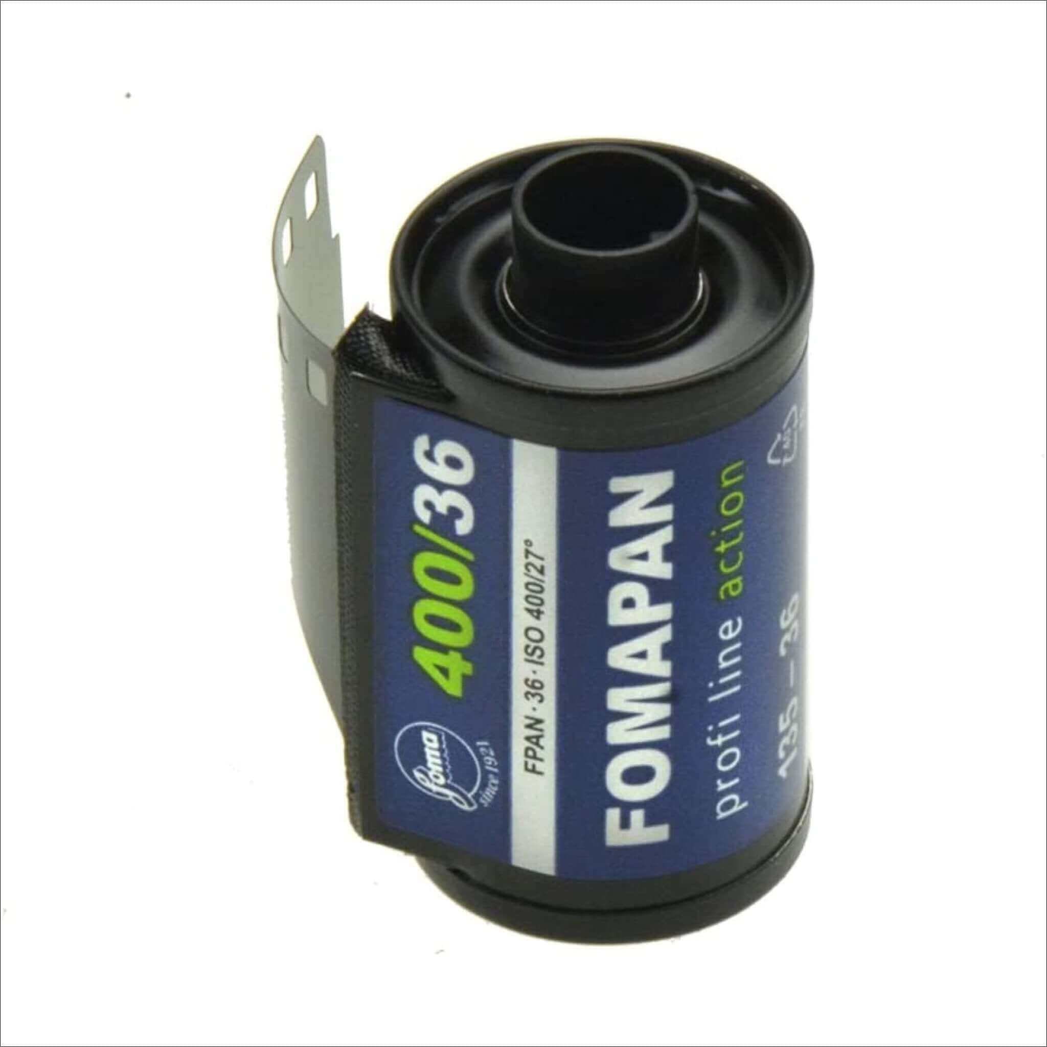 Black fomapan 400/36 film roll with a blue label and silver metal casing.