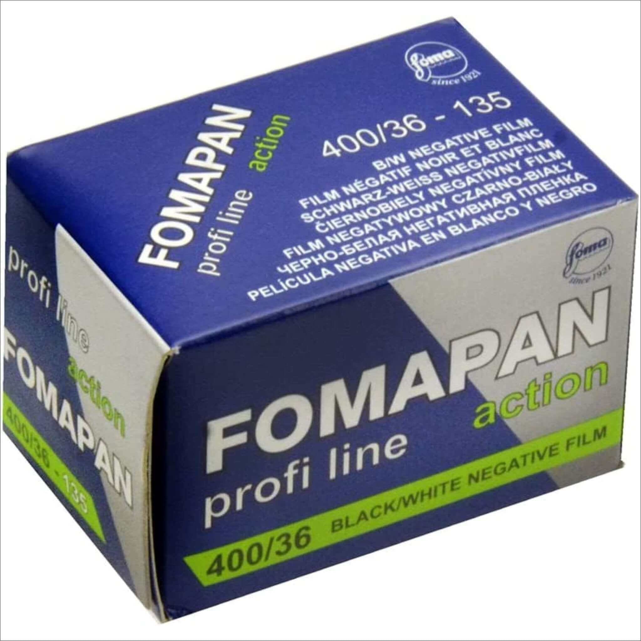 Blue and white cardboard box of fomapan action film, 400/36 - 135.