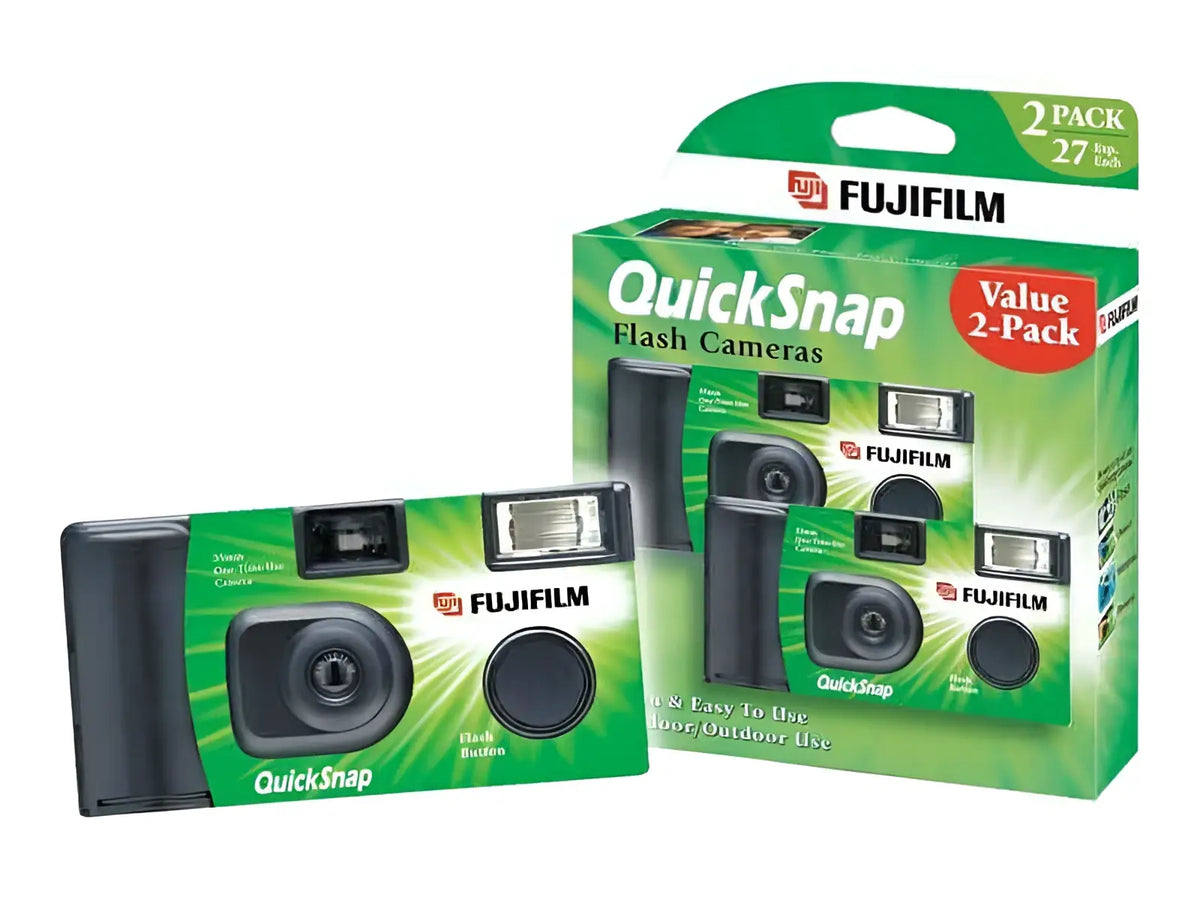 Green and black fujifilm quicksnap flash camera.