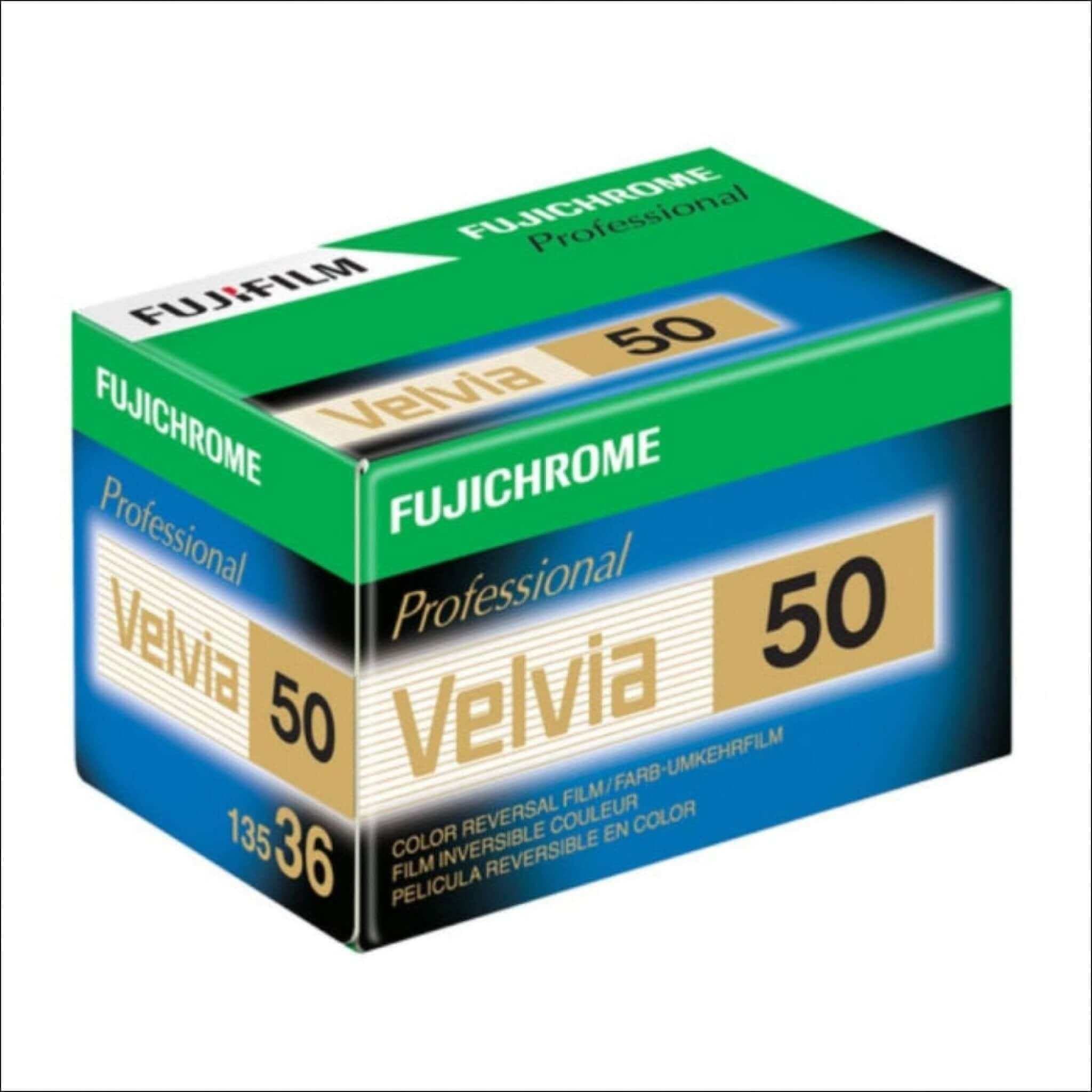 Fujifilm velvia 50 color reversal film in a green and blue box.