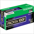 Green and purple box of fujifilm provia 100f color reversal film for daylight use.