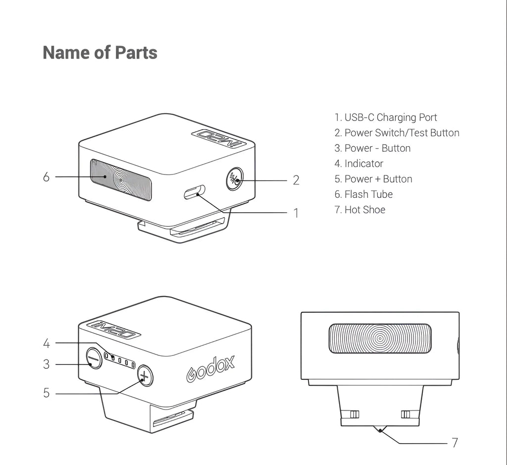White rectangular godox flash unit with a usb-c charging port, power buttons, and hot shoe mount.