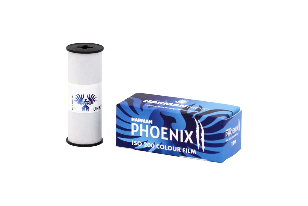 Harman phoenix ii iso 200 colour film roll in a blue and black box with white text.