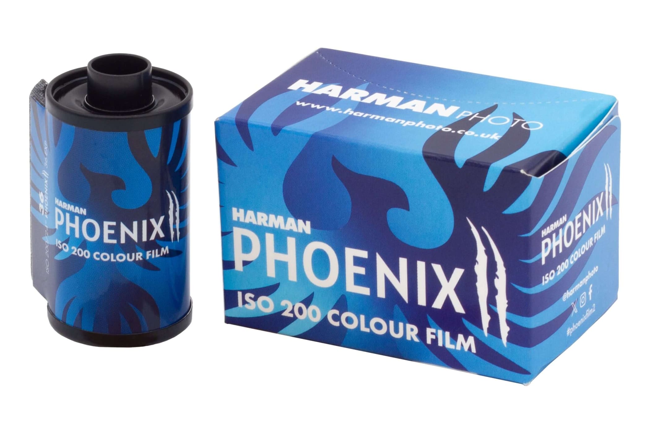 Blue and black harman phoenix iso 200 colour film roll with a matching branded box featuring flame-like designs.