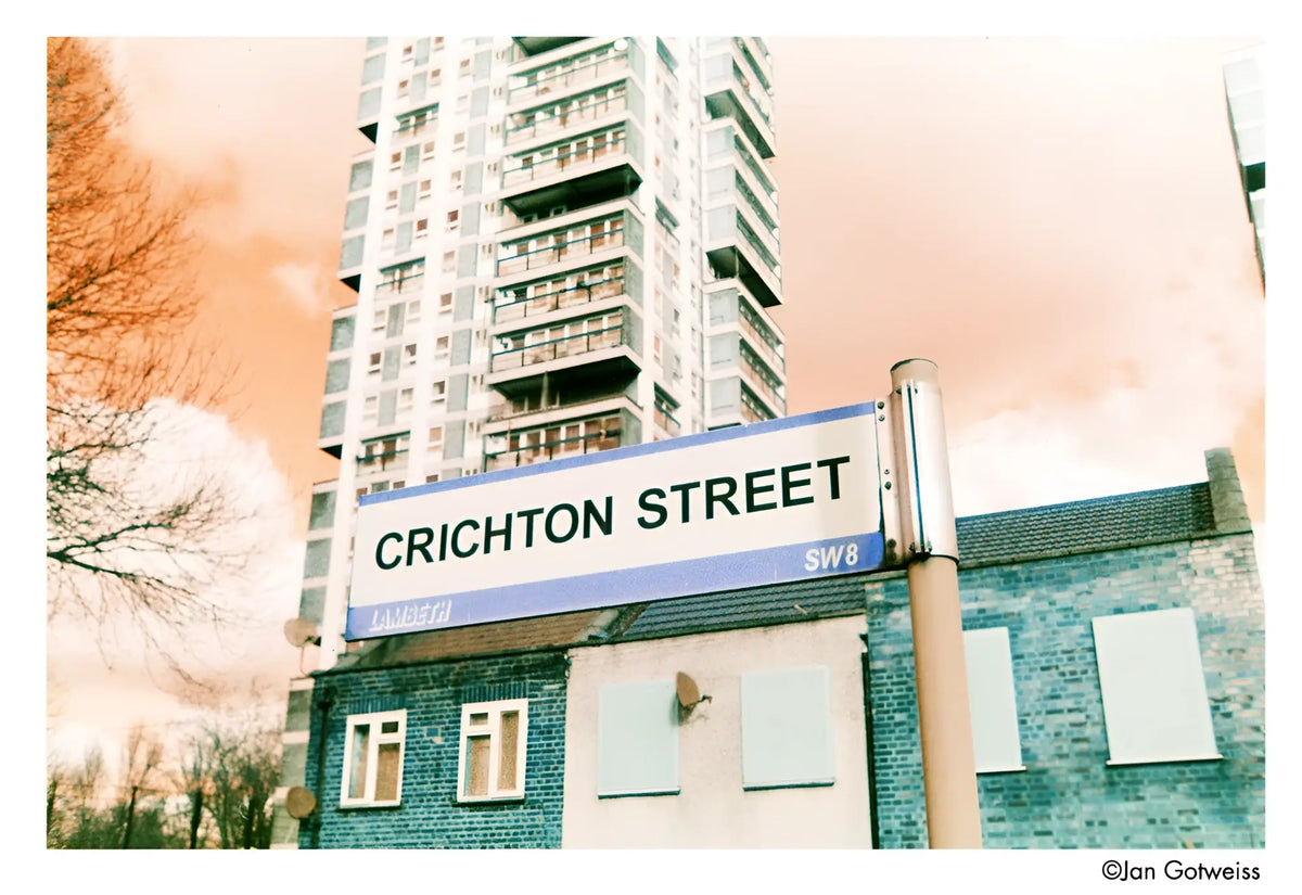 Blue and white street sign for crichton street, lambeth sw8