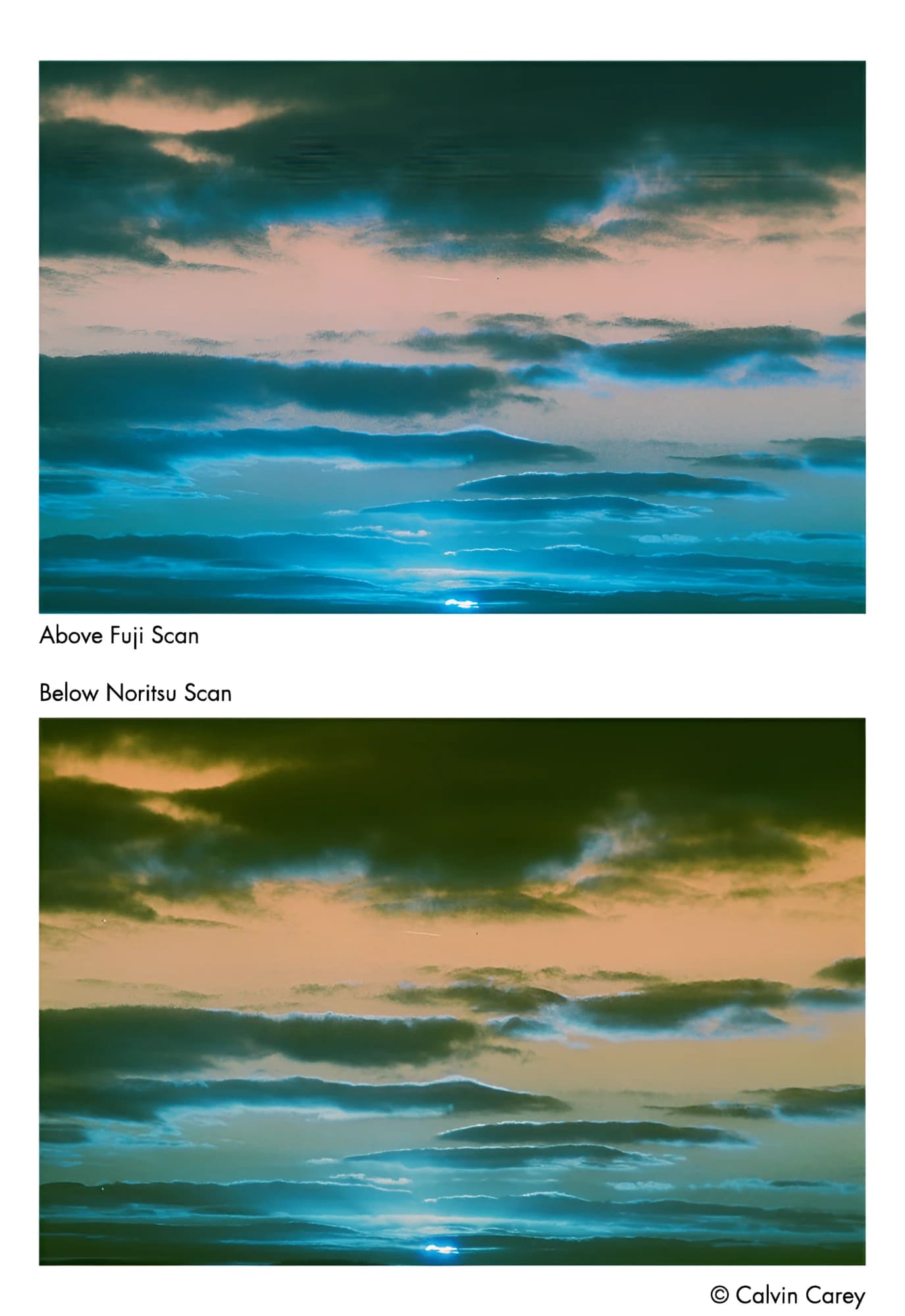 The image displays two distinct sky scans, one labeled ’above fuji scan’ and the other ’below noritsu scan,’ each capturing a dramatic sunset with layered clouds in hues of teal blue, pink, orange, and dark green.