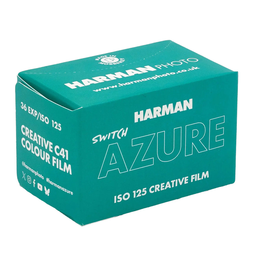 Teal cardboard box of harman photo switch azure iso 125 creative colour film.