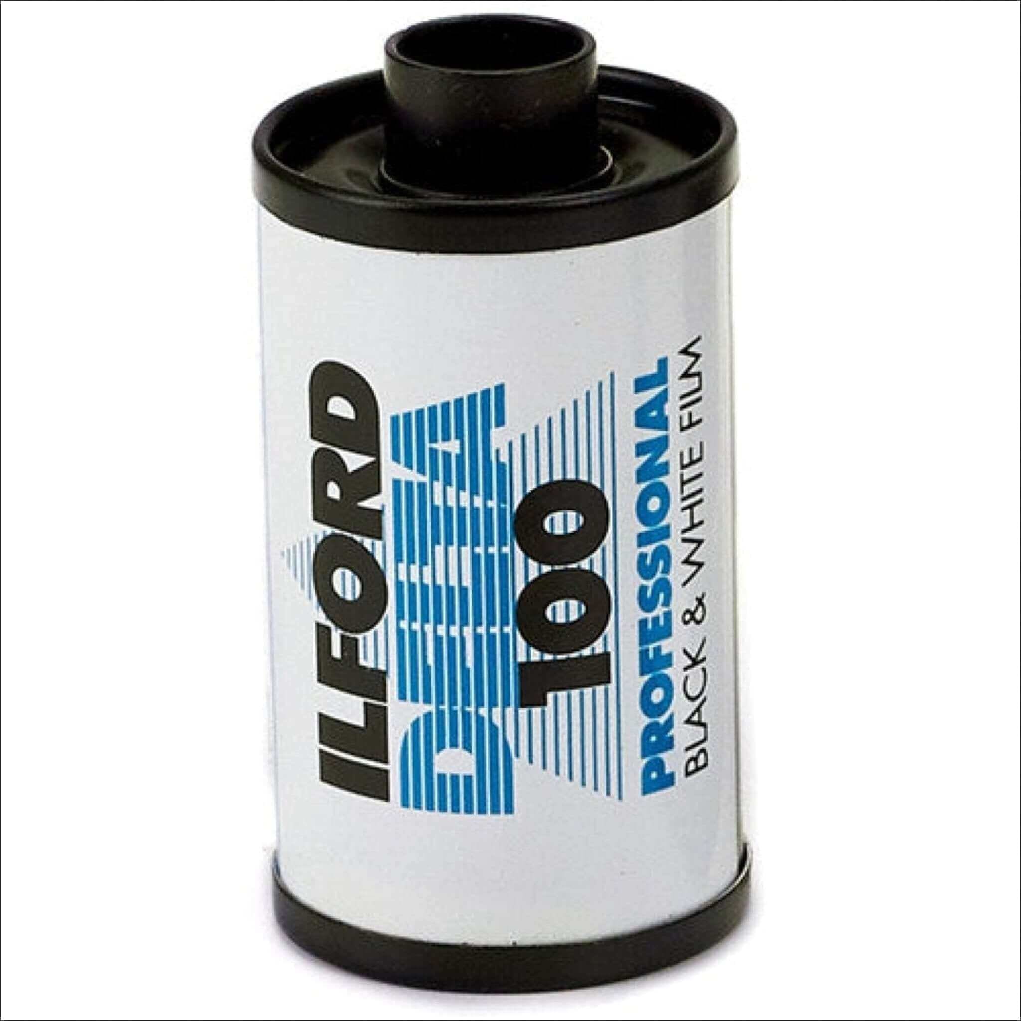 Ilford delta 100 professional black & white film canister with a white body, blue and black branding, and black plastic caps.