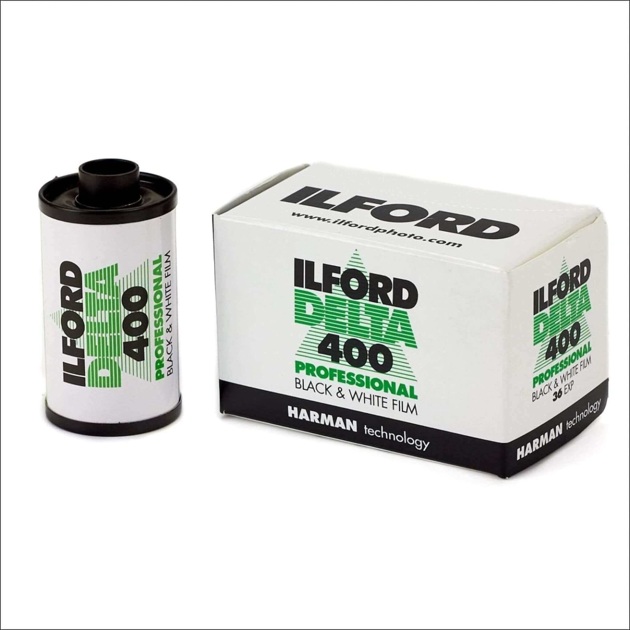 Ilford delta 400 professional black & white film roll in a white and green box with harman technology branding.