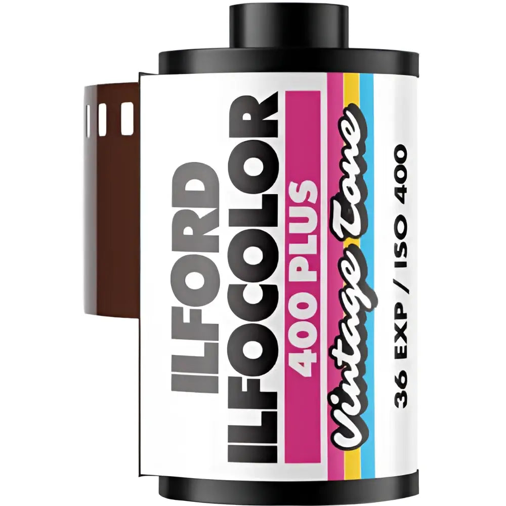 Ilford ilfocolor 400 plus vintage tone film roll, featuring a white label with bold black text and vibrant pink, yellow, and blue stripes.