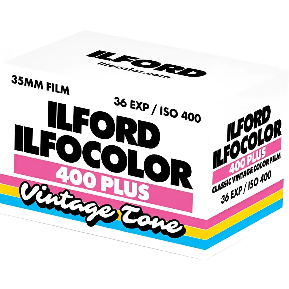 White box of ilford ilfocolor 400 plus vintage tone 35mm color film with pink, yellow and blue stripes.