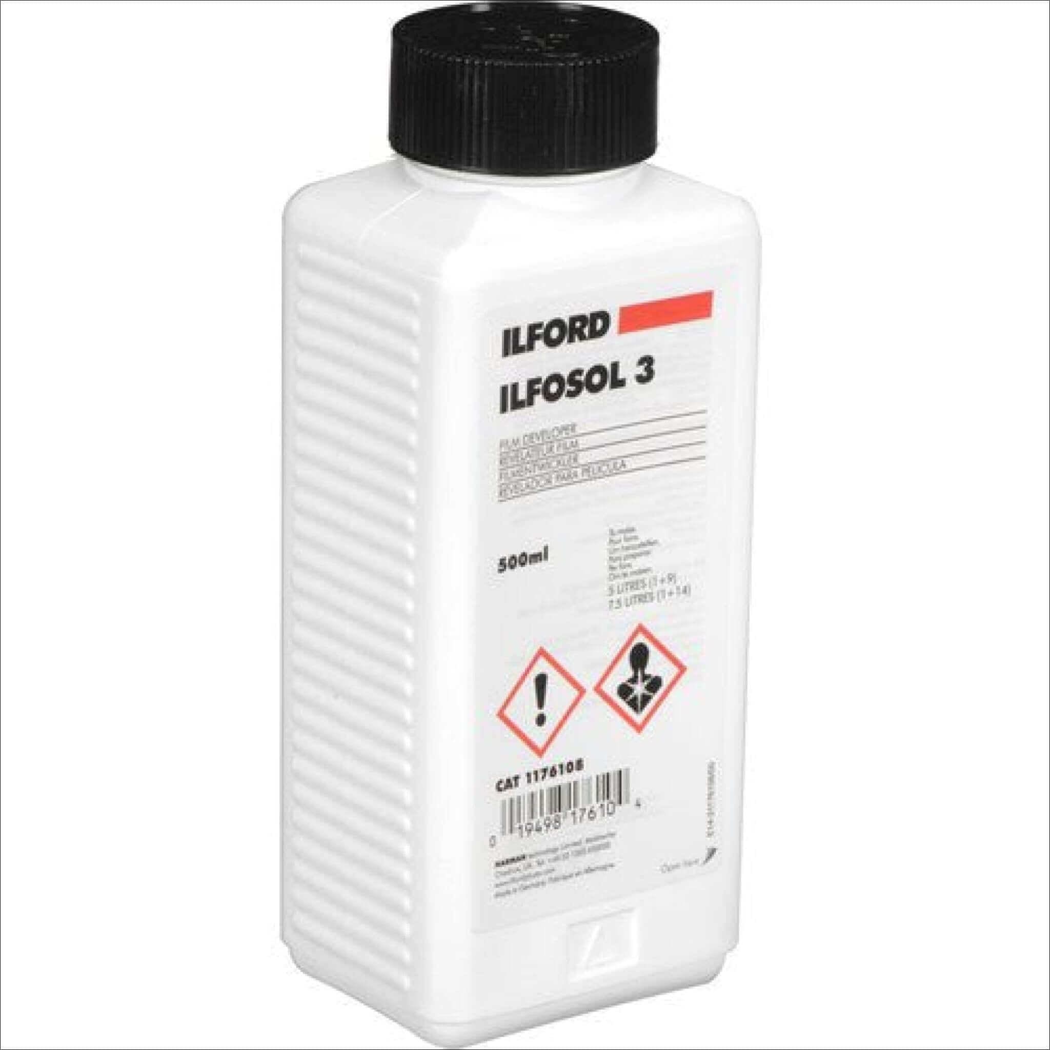 White plastic bottle with black cap, labeled ’ilford ilfosol 3’’ in bold text.