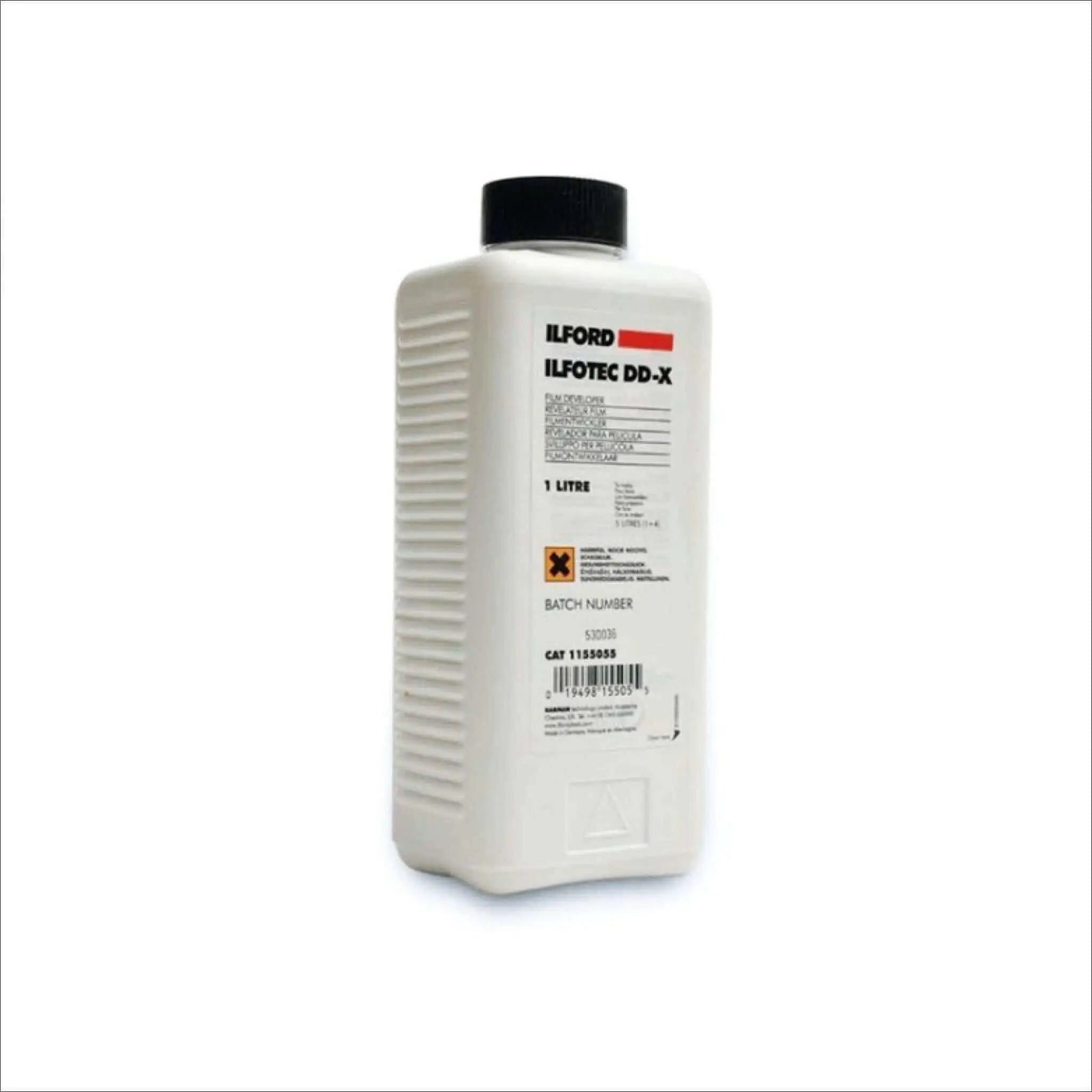 Ilford Ilfotec DD-X 1 Lt BW film developer bottle with label and batch number.