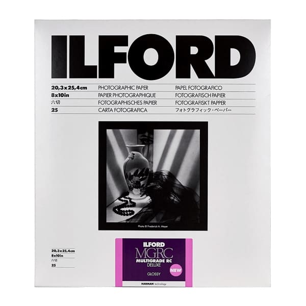 Ilford mgrc deluxe glossy photographic paper, 8x10in, in a white packaging with black text and purple branding.