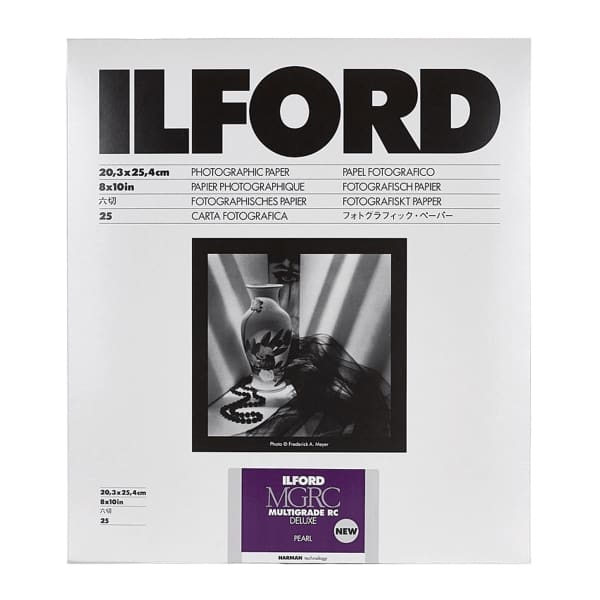 Ilford mgrc multigrade rc deluxe pearl photographic paper, 20.3x25.4cm (8x10in), featuring a black-and-white image of an ornate vase with floral patterns and draped fabric under dramatic