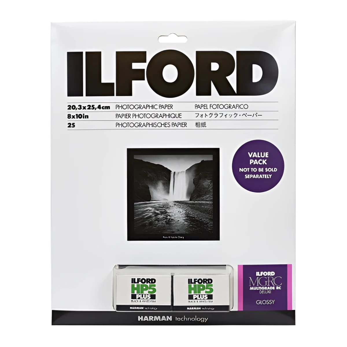 Ilford photographic paper pack featuring 25 sheets of glossy hp5 plus and ilford multigrade rc deluxe in a value pack.