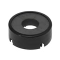 Black circular plastic component with a central hole and notched edges.