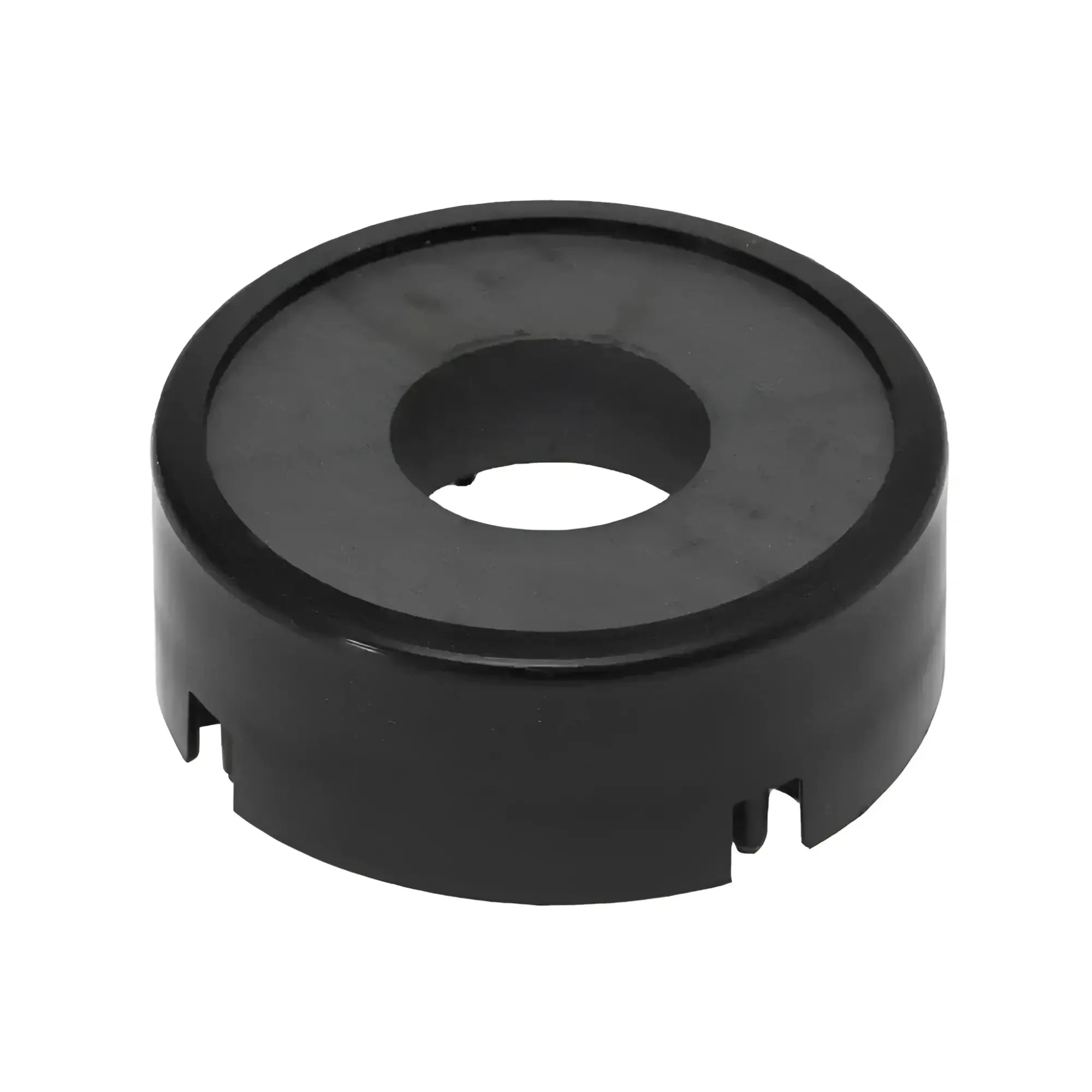 Black circular plastic component with a central hole and notched edges.