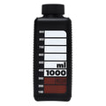 Black plastic graduated bottle with a ribbed cap and white measurement markings up to 1000 ml.