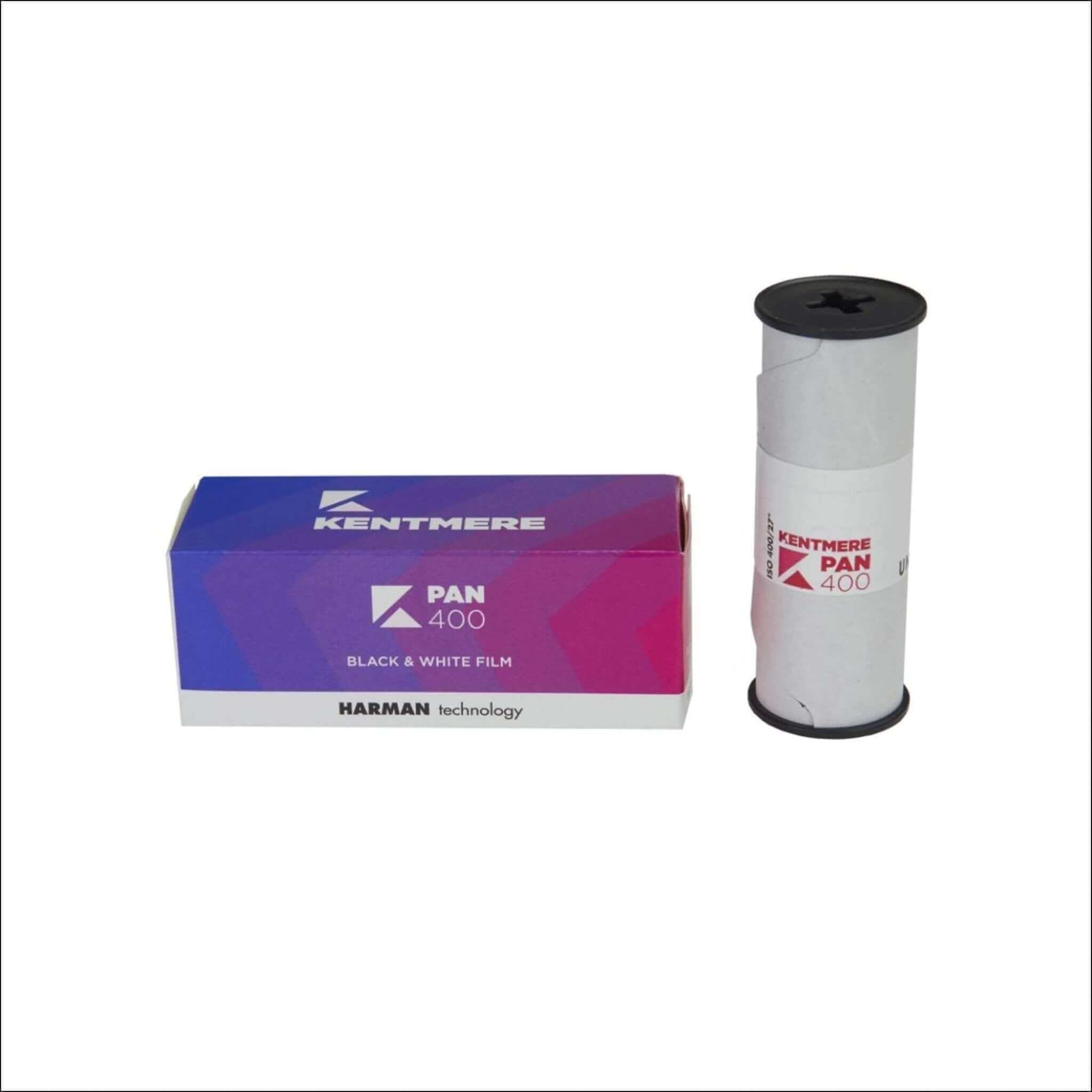 Kentmere pan 400 black and white film in its branded packaging.