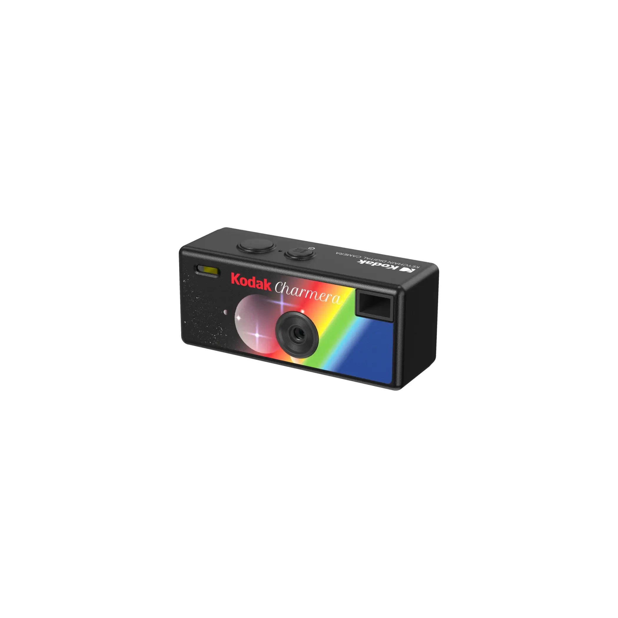 Black kodak chamerma instant camera with a vibrant rainbow design and red branding.