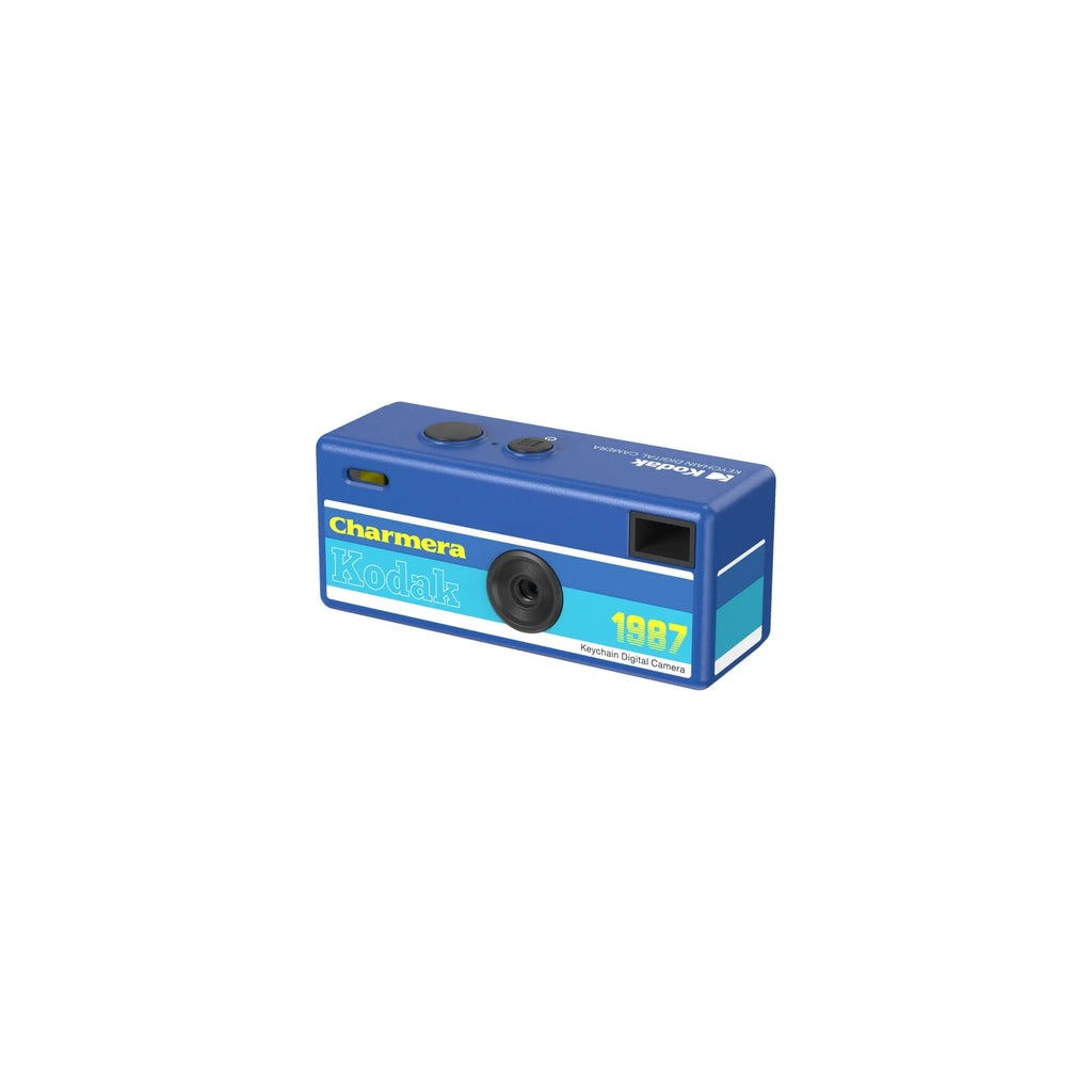 Blue kodak charmera 1987 keychain digital camera with a retro design and teal accents.