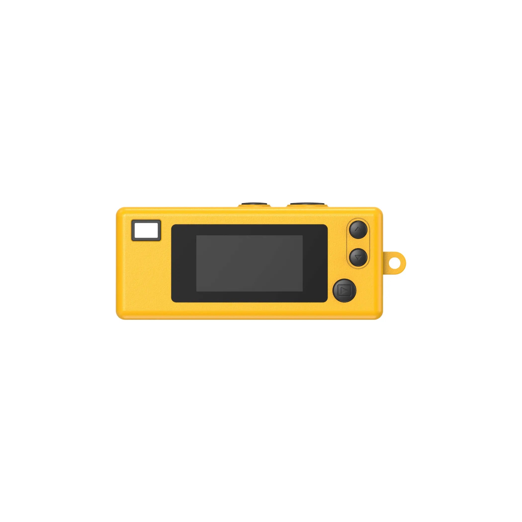 Bright yellow handheld digital camera with a black screen, three circular buttons on the right side, and a small loop for attachment.