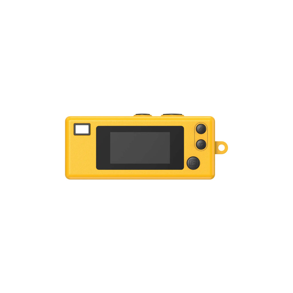 Bright yellow handheld digital camera with a black screen, three circular buttons on the right side, and a small loop for attachment.