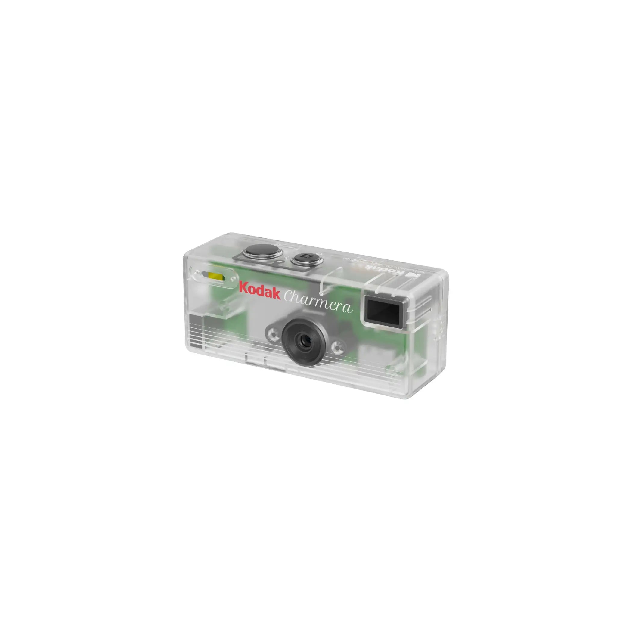 Clear plastic kodak charmera instant camera with green internal components and black lens.
