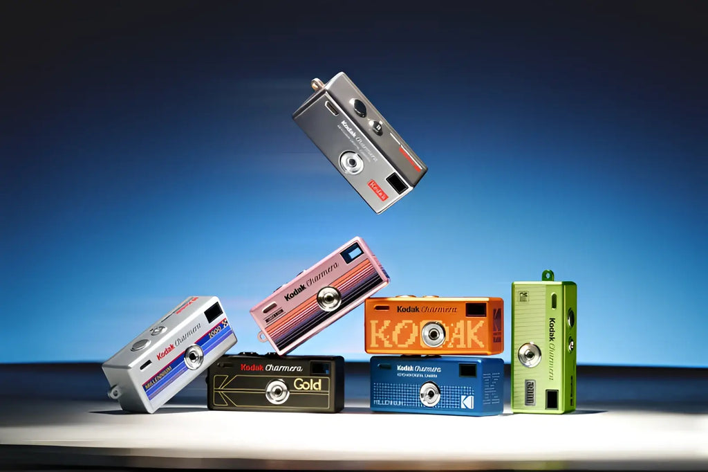 A collection of colorful kodak charmera digital cameras in vibrant hues perfect for blind box keychain use