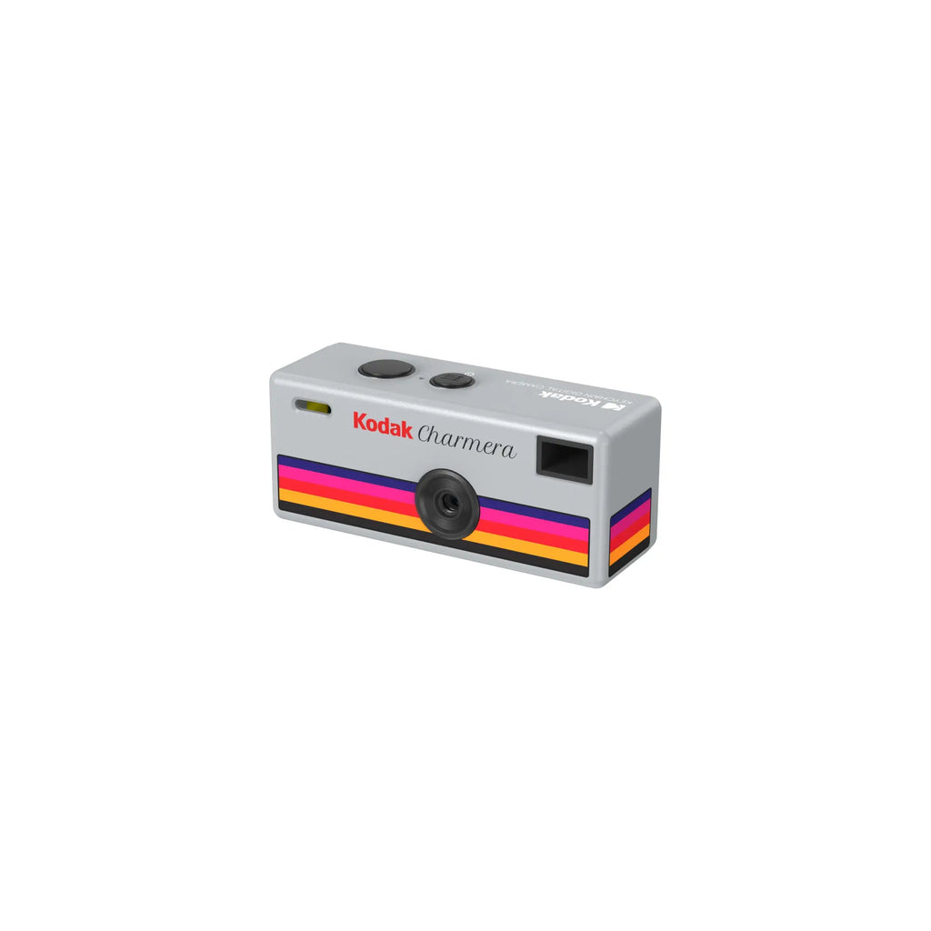 Gray kodak chamera instant camera with a vibrant rainbow stripe design.