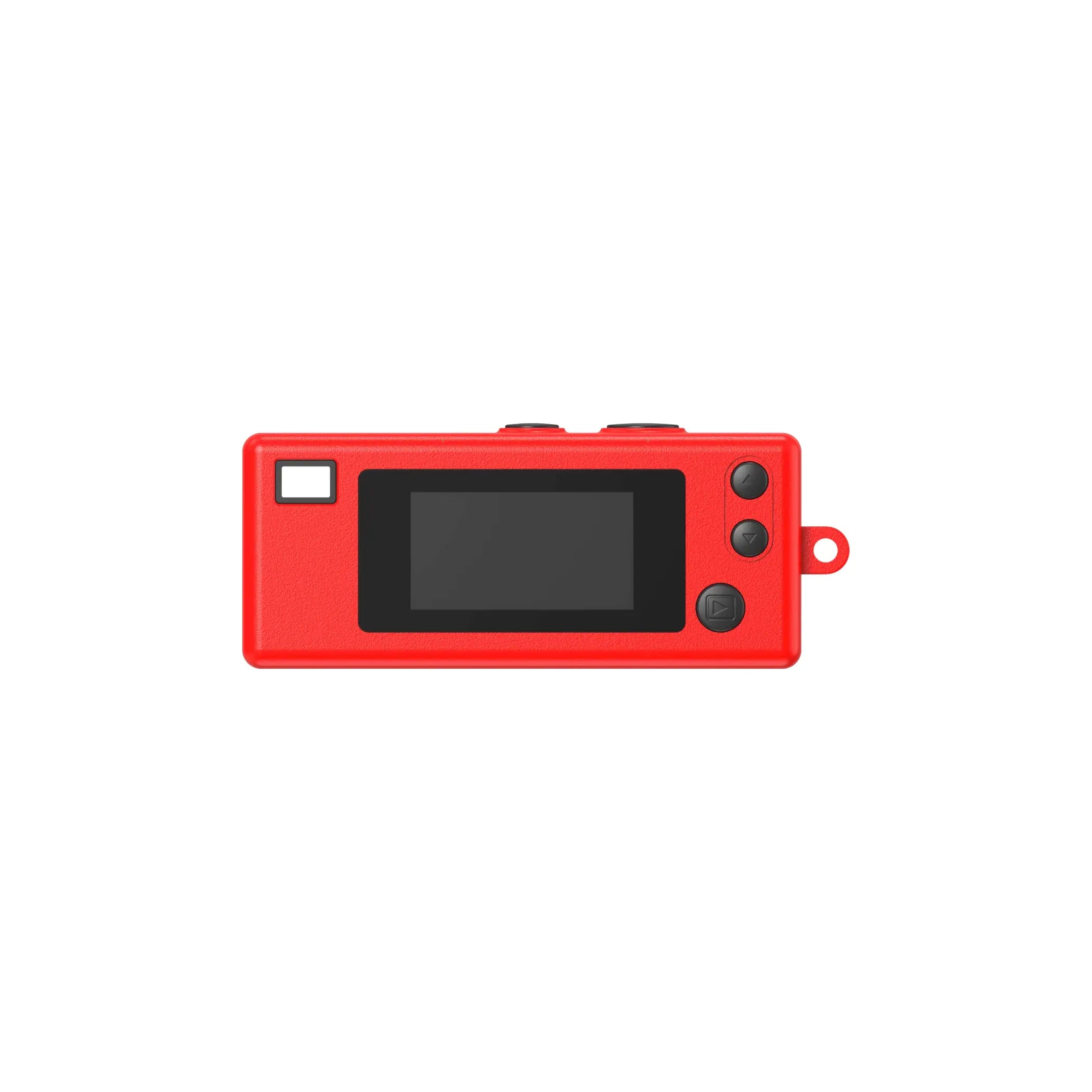 Red handheld gaming device with a black screen, three circular buttons on the right side, and a small loop for attachment.