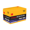 Bright yellow box of kodak ektacolor pro 160 iso 35x36 color negative film with bold black and purple branding and red logo accents