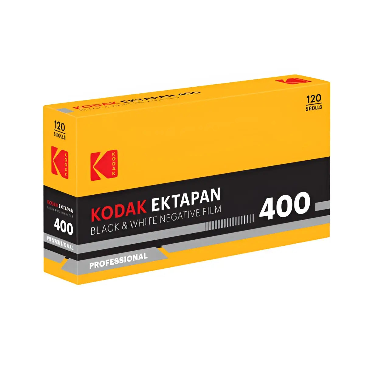 Yellow and black box of Kodak Ektapan 400 medium format negative film with fine grain 120 film in five professional rolls