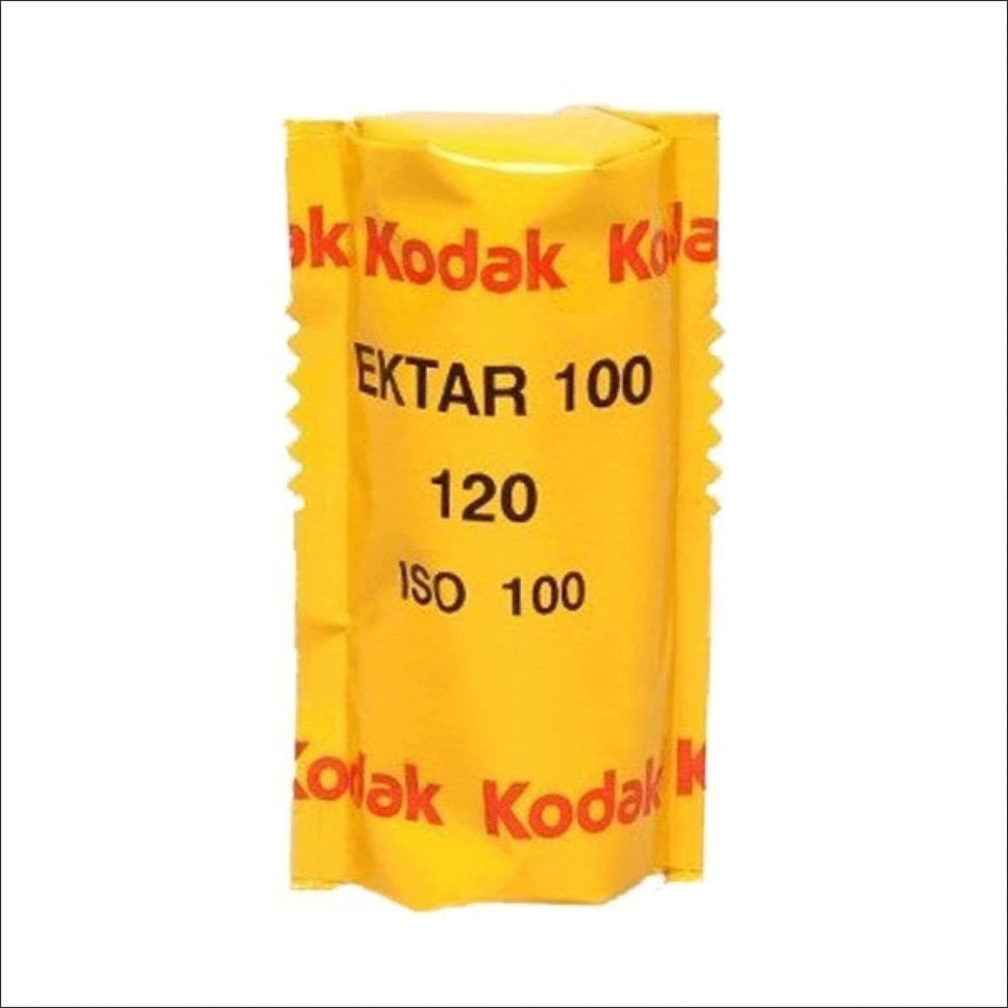 Yellow kodak ektar 100 film roll, iso 100, in a classic cylindrical package with red and black text.