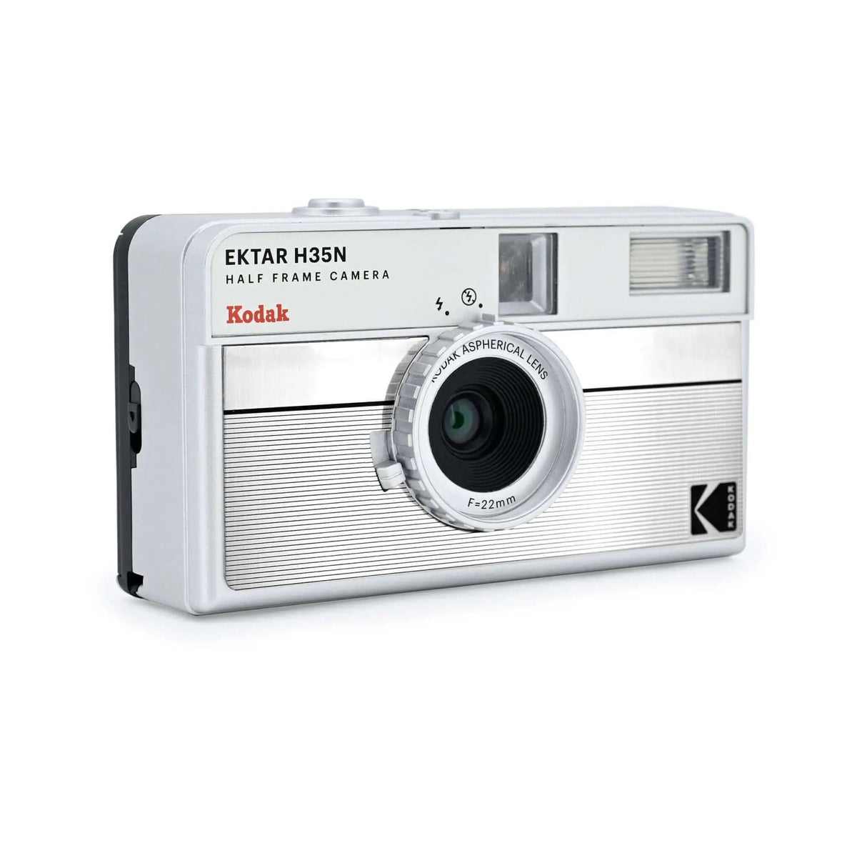 Silver kodak ektar h35n half-frame camera with a textured, ribbed body and a 22mm aspherical lens.